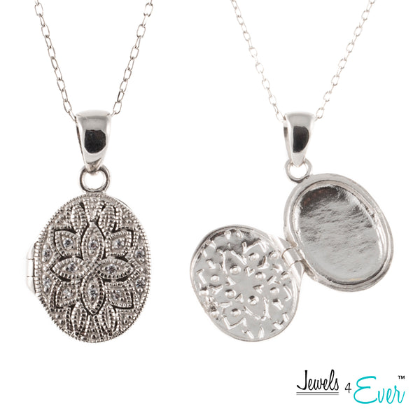 Sterling Silver CZ Key to My Heart and Forever Love Locket Pendant with Chain