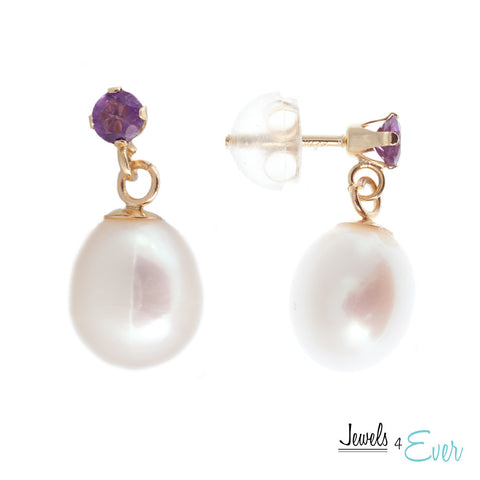 14kt Yellow Gold genuine White Freshwater Pearl and Amethyst Earrings