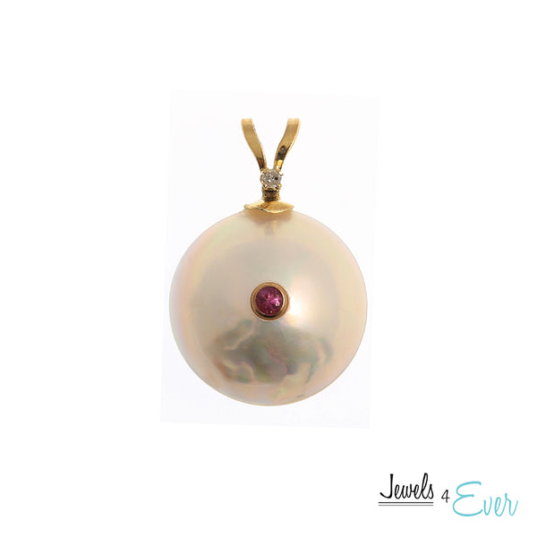 14K Yellow Gold Pendant set with 12 mm Genuine Pearl and Gemstones