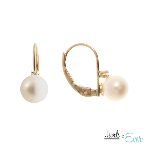 10kt.Yellow Gold Genuine Cultured Pearl and Diamond Lever Back Earrings