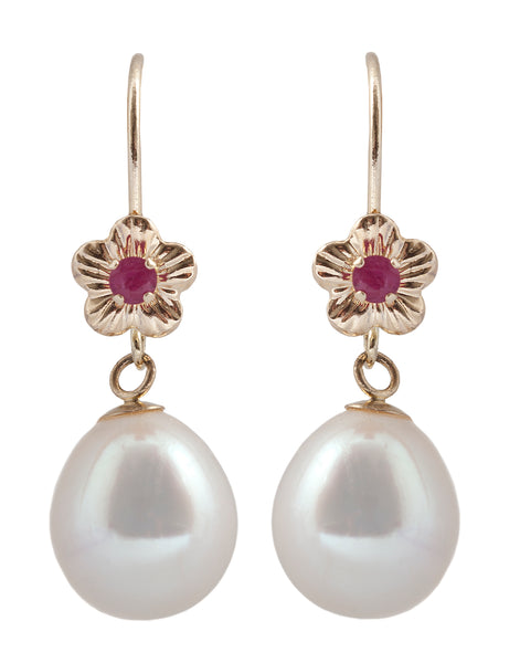 14 Karat Yellow and White Gold Lever-back Earrings with Genuine Gemstones and Fresh Water Pearl