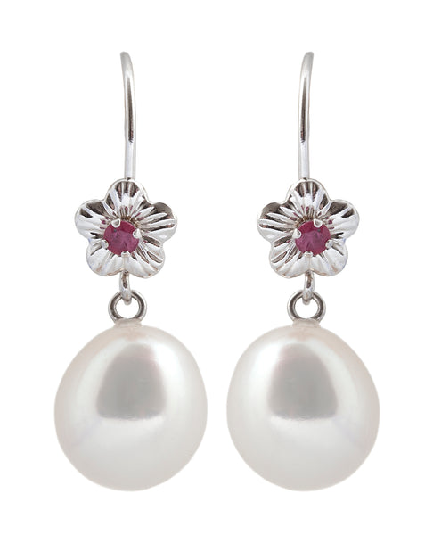 14 Karat Yellow and White Gold Lever-back Earrings with Genuine Gemstones and Fresh Water Pearl