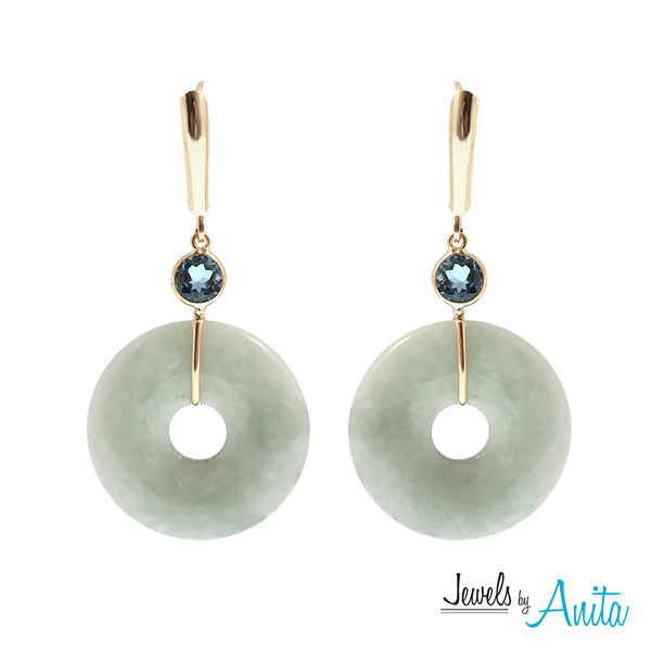14kt White Gold Leverback Earrings with Disc Shaped Genuine Gemstones
