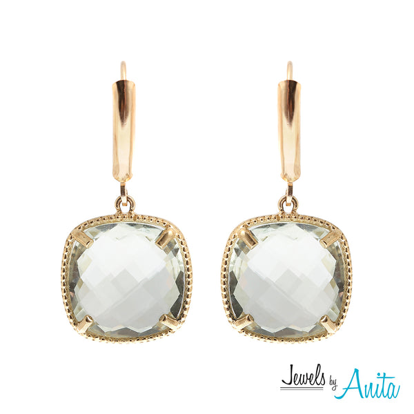 10K Yellow Gold Earrings with 13mm Checkerboard Cushion Cut Genuine Gemstones