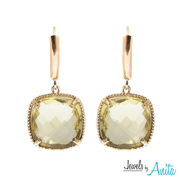 10K Yellow Gold Earrings with 13mm Checkerboard Cushion Cut Genuine Gemstones