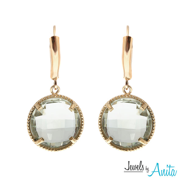10K Yellow Gold Earrings With 13mm Checkerboard Round Cut Genuine Gemstones