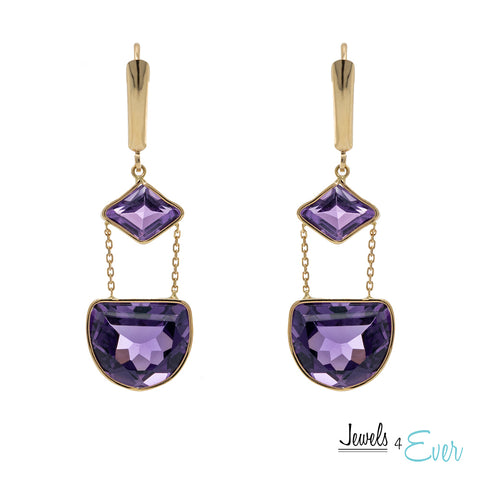 14kt. Gold Drop Earrings with Leverback Setting Featuring Genuine Amethyst