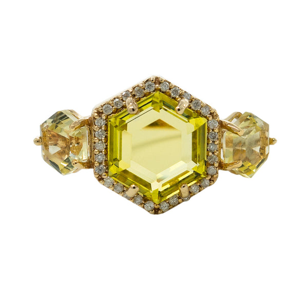 14kt Gold Unique Hexagonal Gemstone Ring With Diamonds
