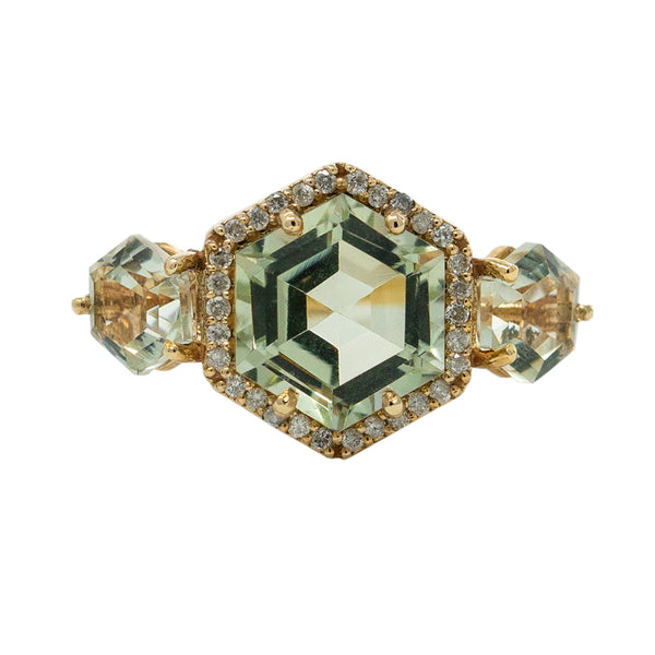 14kt Gold Unique Hexagonal Gemstone Ring With Diamonds