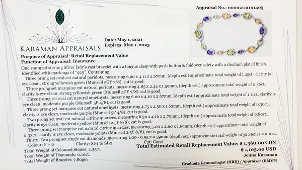 Sterling silver bracelet with Genuine Gemstones and Diamonds