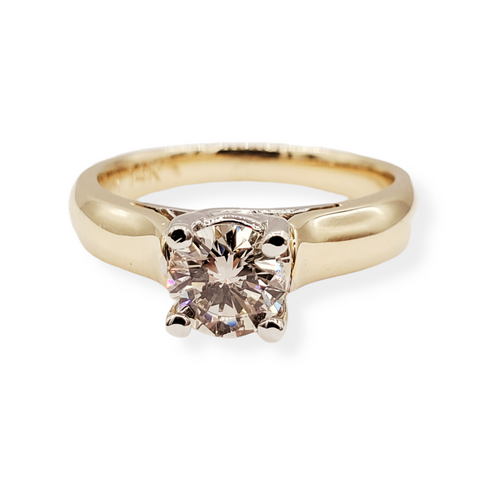 14kt yellow and white gold ring with one prong set round brilliant cut diamond 0.72ct