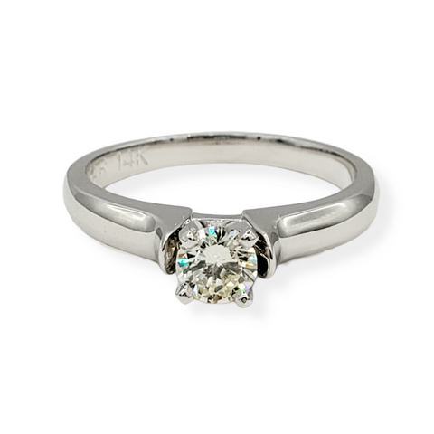 14kt white gold ring with one prong set round brilliant cut diamond 0.32ct