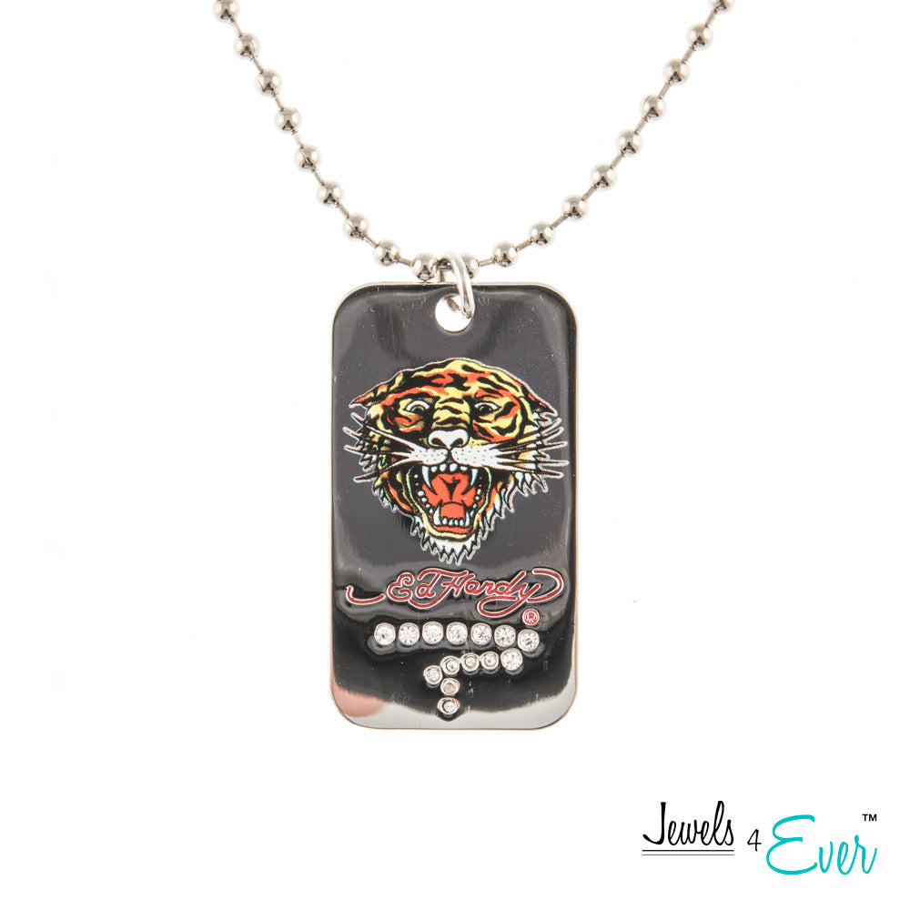 Authentic ED Hardy Roaring Tiger Dog Tag Pendant with 24 inch Bath Tub (Ball) Chain