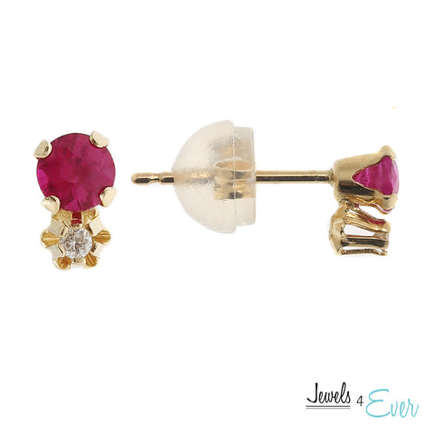 14kt Gold genuine 3mm Ruby and Diamond stud Earrings