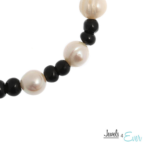 Genuine White Freshwater Pearl and Black Obsidian Bracelet