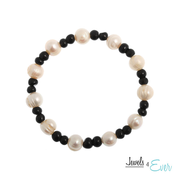 Genuine White Freshwater Pearl and Black Obsidian Bracelet