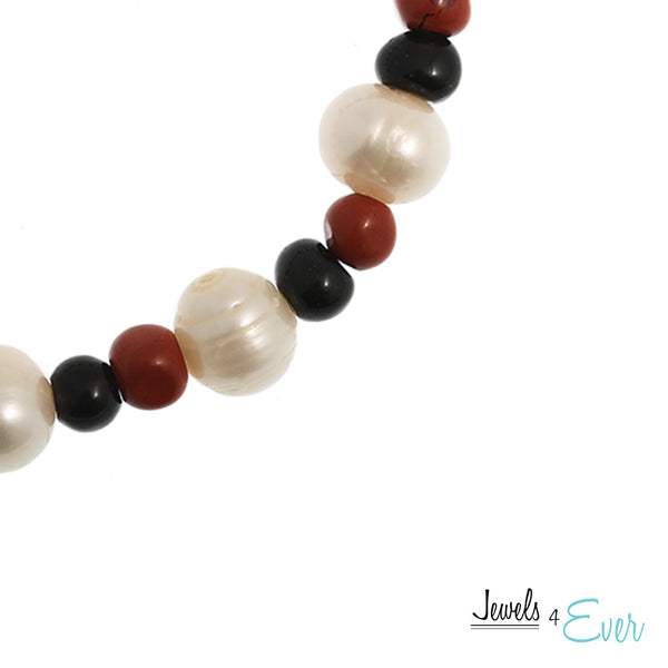 Genuine White Freshwater Pearl, Black Obsidian and Red Jasper Bracelet