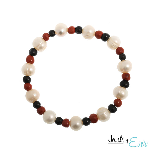 Genuine White Freshwater Pearl, Black Obsidian and Red Jasper Bracelet