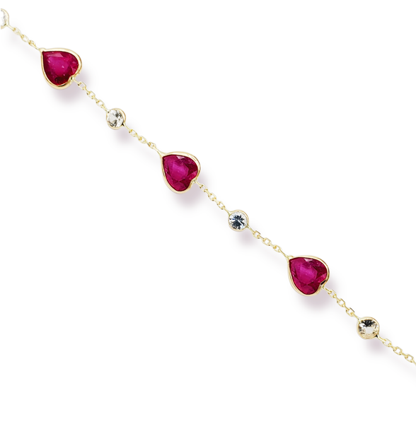 14KT Yellow Gold Bracelet set with Heart-Shaped Ruby 7.3cts and White Sapphire