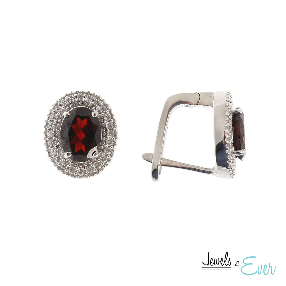 Sterling Silver Earrings set with 8 x 6 mm genuine Garnet and Cubic zirconia